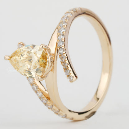 IGI Certified Yellow Pear Cut Lab Diamond Ring Bypass Wedding Ring