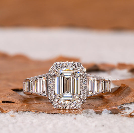 IGI Certified 1.50CT Emerald Cut Halo Engagement Ring