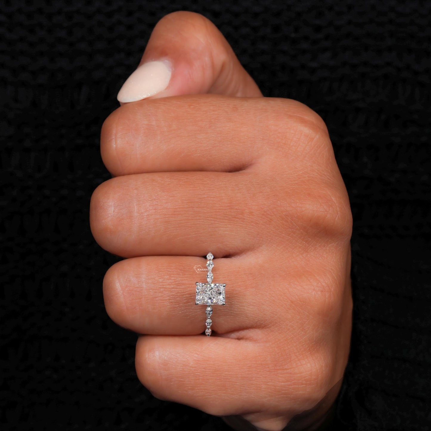 1CT Radiant Cut Lab Grown Diamond Engagement Ring with Hidden Halo