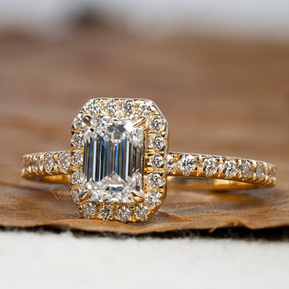 1CT Emerald Cut Lab Diamond Halo Engagement Ring – IGI Certified