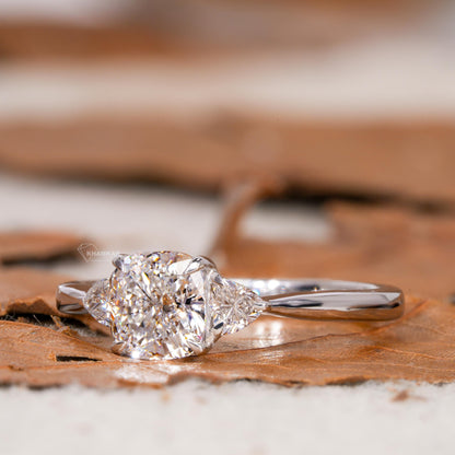 Cushion Cut Lab  Diamond Three Stone Engagement Ring with Trillion Side Diamonds