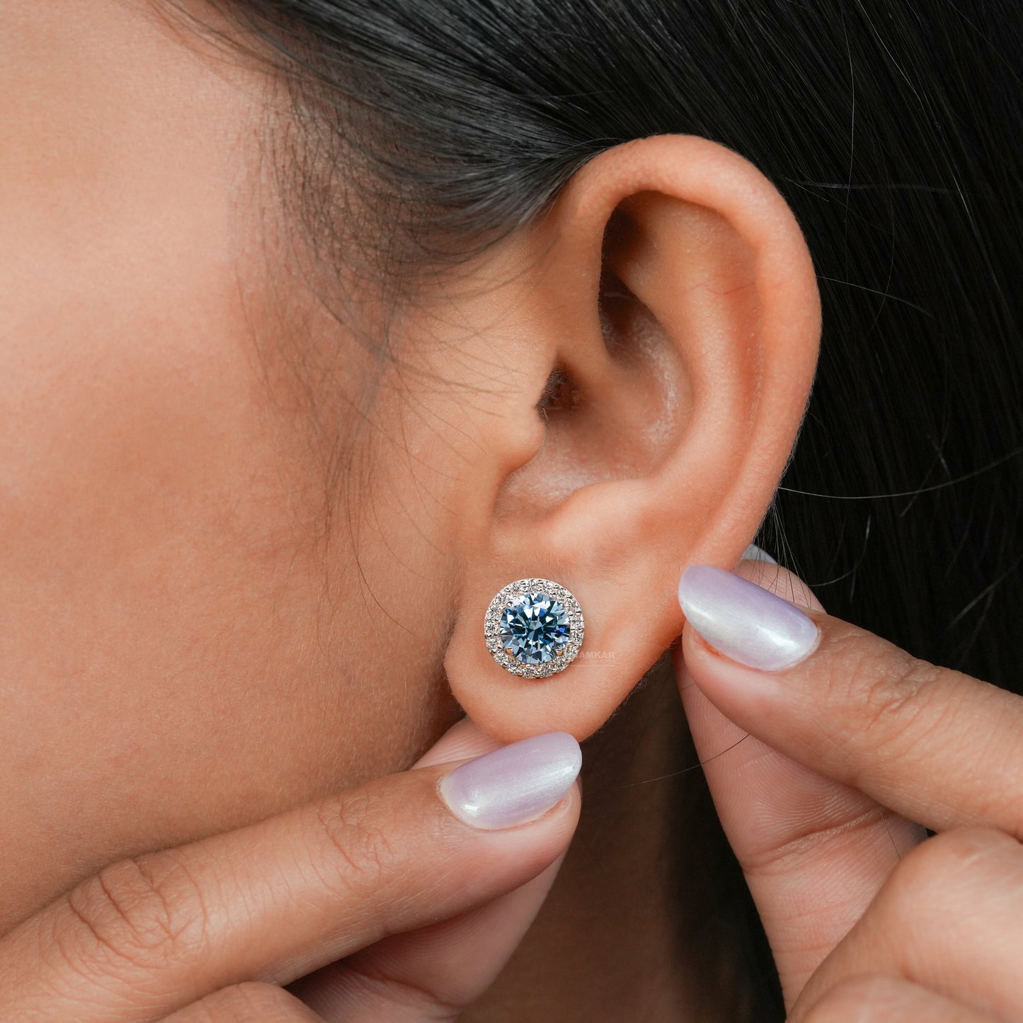 Round Lab Grown Diamond Cluster Earrings,0.50Ct To 1.00Ct Blue Colored Round Diamond Halo Stud Earrings,14K White Gold Wedding Studs For Her