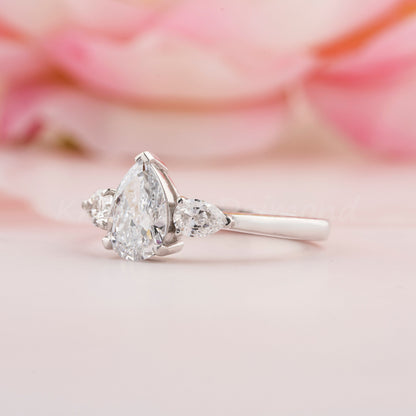 Lab Grown Pear Diamond Three Stone Engagement Ring Promise Ring for Her