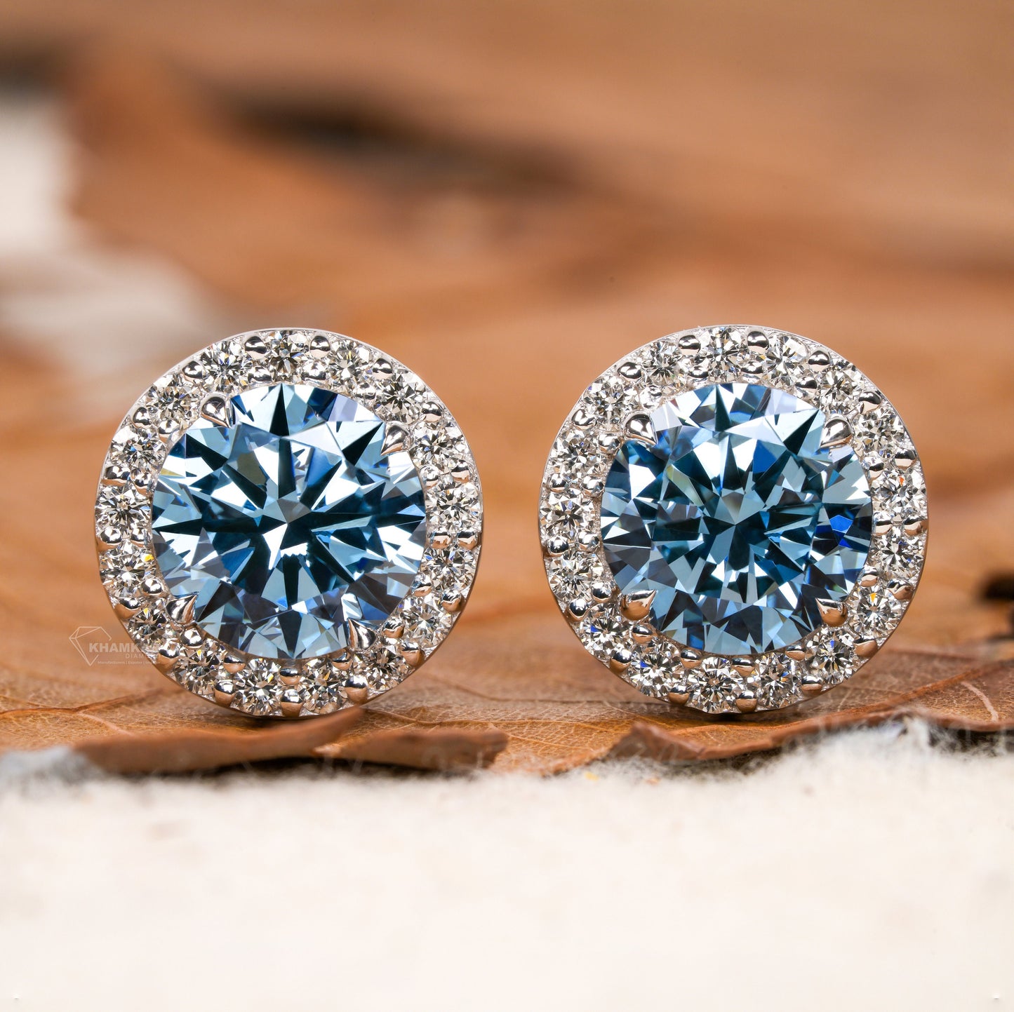 Round Lab Grown Diamond Cluster Earrings,0.50Ct To 1.00Ct Blue Colored Round Diamond Halo Stud Earrings,14K White Gold Wedding Studs For Her