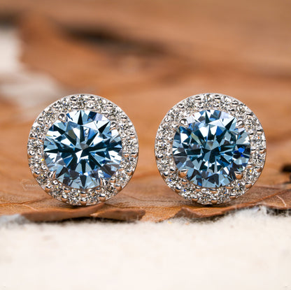 Round Lab Grown Diamond Cluster Earrings,0.50Ct To 1.00Ct Blue Colored Round Diamond Halo Stud Earrings,14K White Gold Wedding Studs For Her