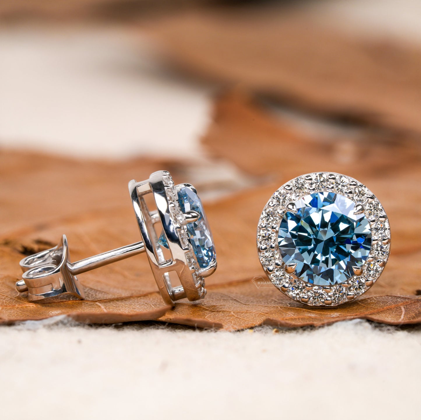 Round Lab Grown Diamond Cluster Earrings,0.50Ct To 1.00Ct Blue Colored Round Diamond Halo Stud Earrings,14K White Gold Wedding Studs For Her
