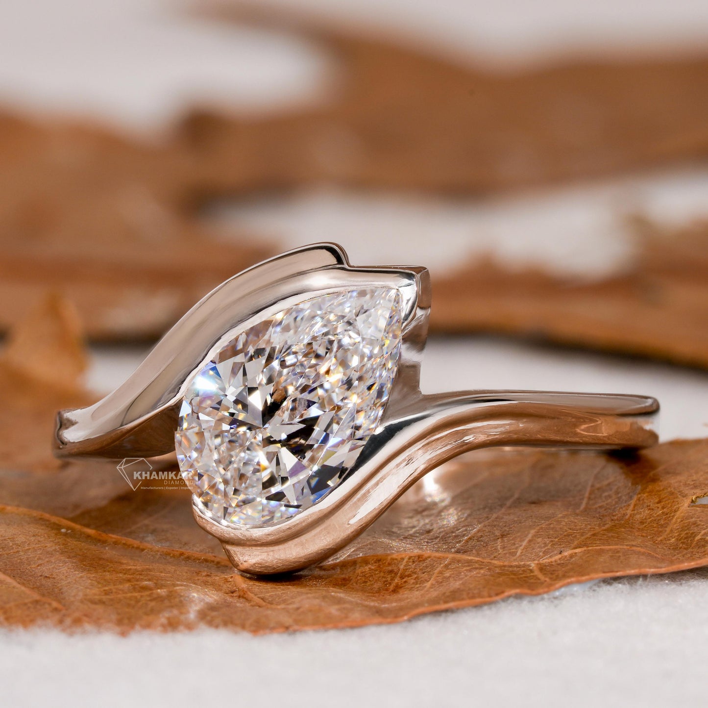 IGI Certified Pear Cut Lab Grown Diamond Half Bezel Engagement Ring