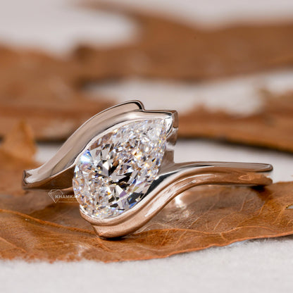 IGI Certified Pear Cut Lab Grown Diamond Half Bezel Engagement Ring