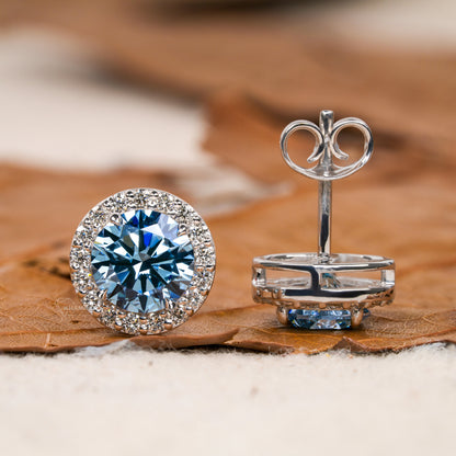 Round Lab Grown Diamond Cluster Earrings,0.50Ct To 1.00Ct Blue Colored Round Diamond Halo Stud Earrings,14K White Gold Wedding Studs For Her
