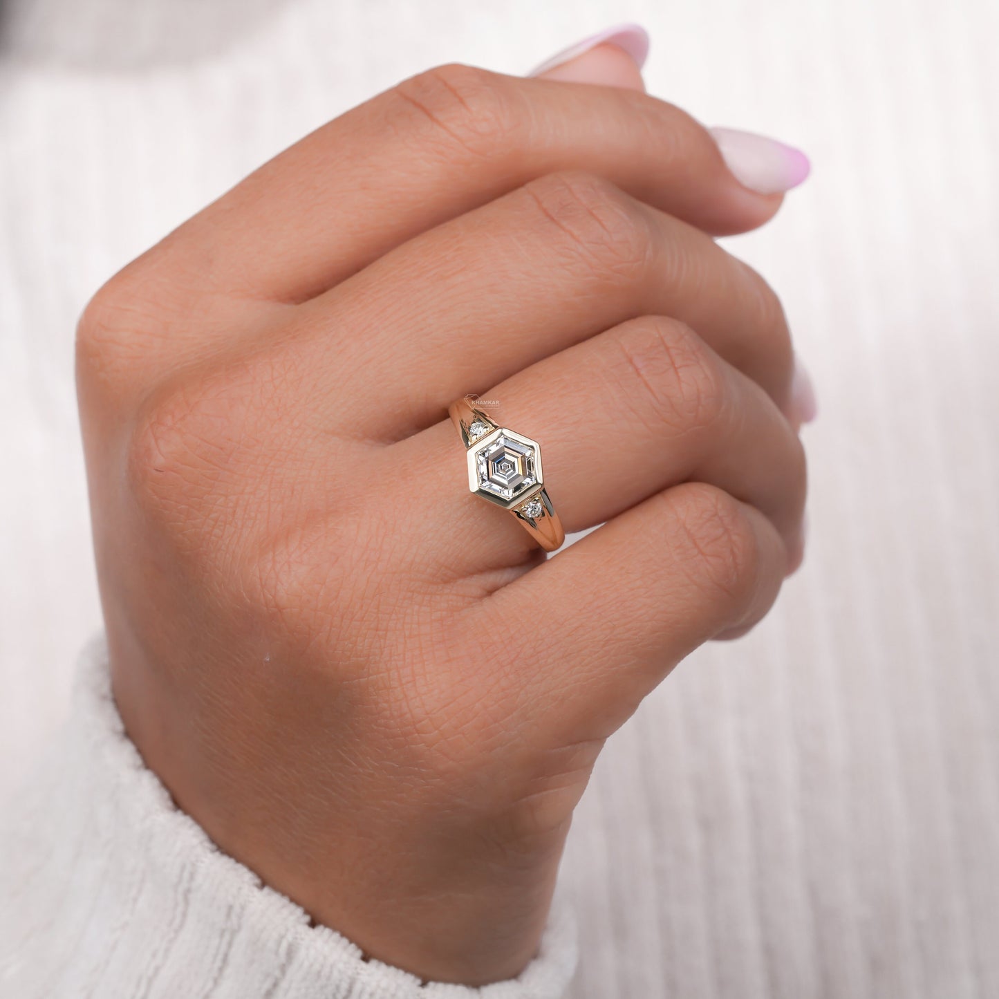 1CT Hexagon Step Cut Lab Diamond | Bezel Wedding Ring for Her