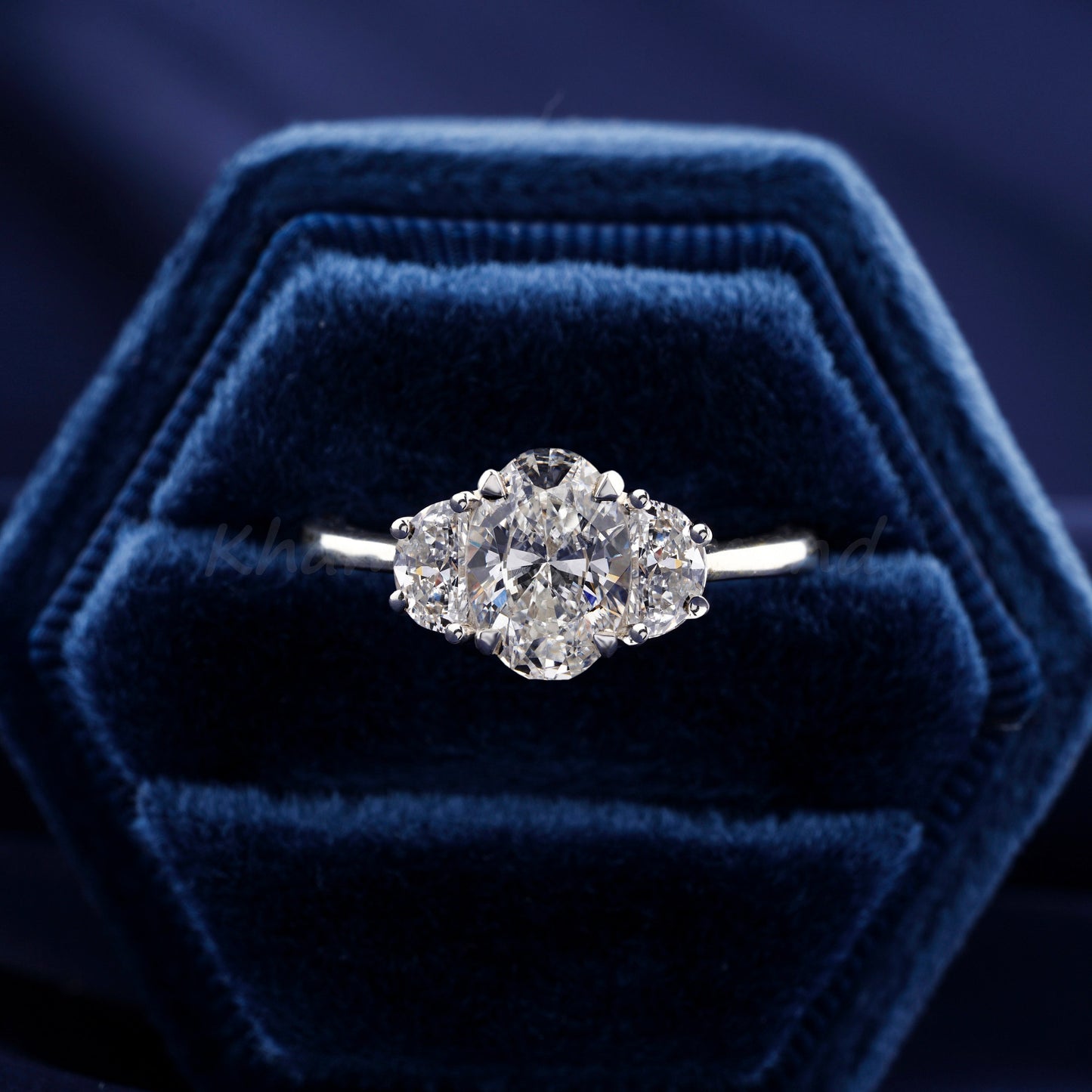 1.30CT Oval Lab Diamond Three Stone Ring, Half Moon Engagement Ring