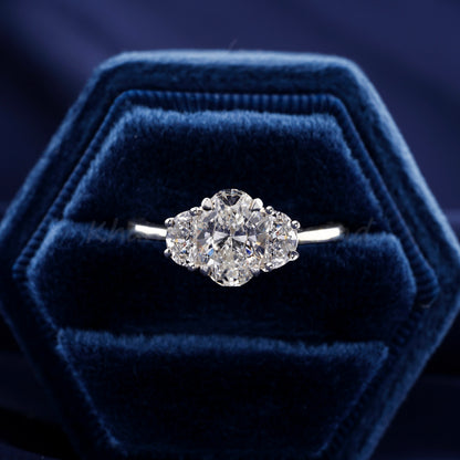 1.30CT Oval Lab Diamond Three Stone Ring, Half Moon Engagement Ring