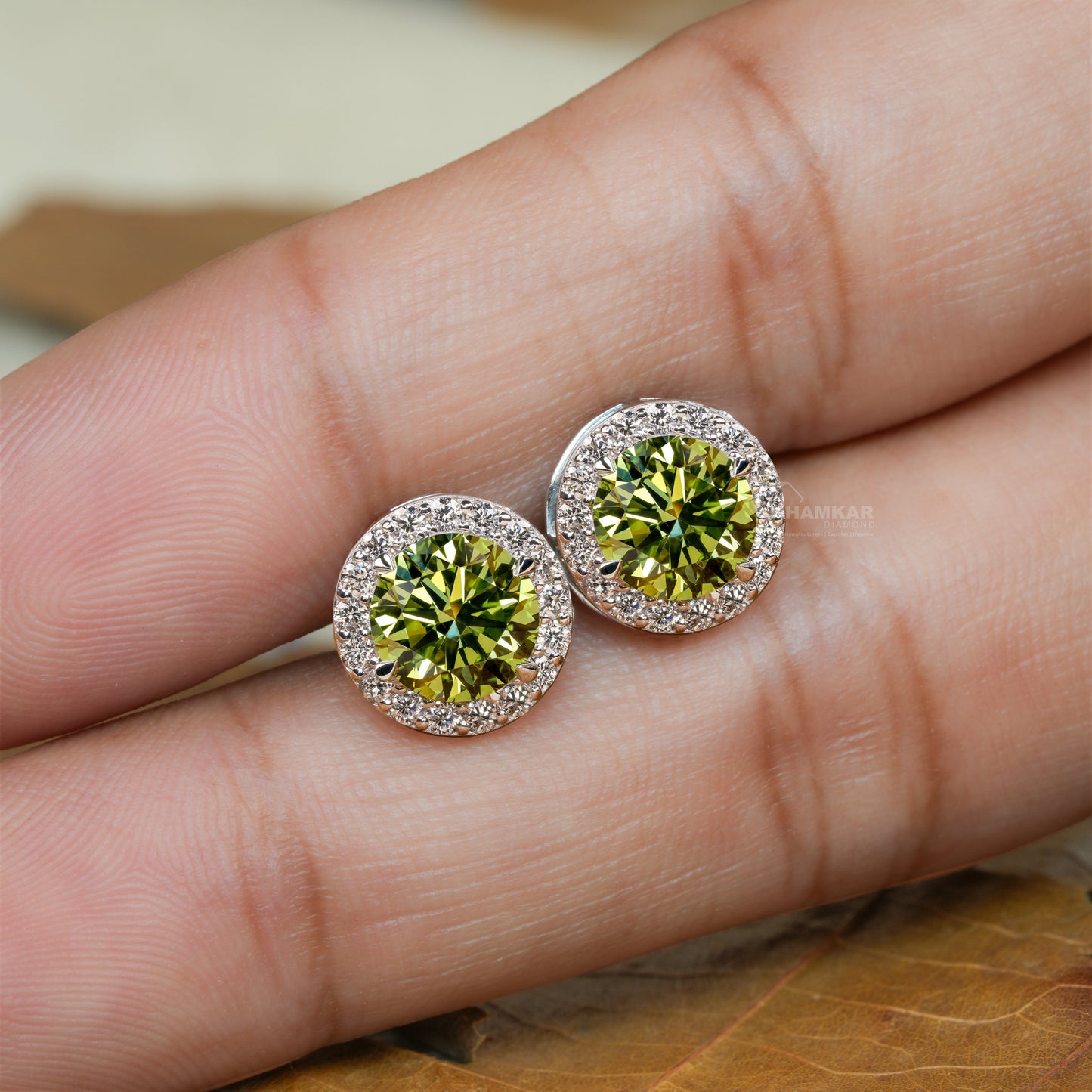 Round Green Colored Lab Grown Diamond Stud Earrings,Round Diamond Screw Back Earrings,Halo Diamond Stud Gift Earrings,Wedding gift for Bride