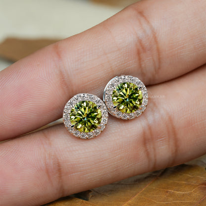 Round Green Colored Lab Grown Diamond Stud Earrings,Round Diamond Screw Back Earrings,Halo Diamond Stud Gift Earrings,Wedding gift for Bride