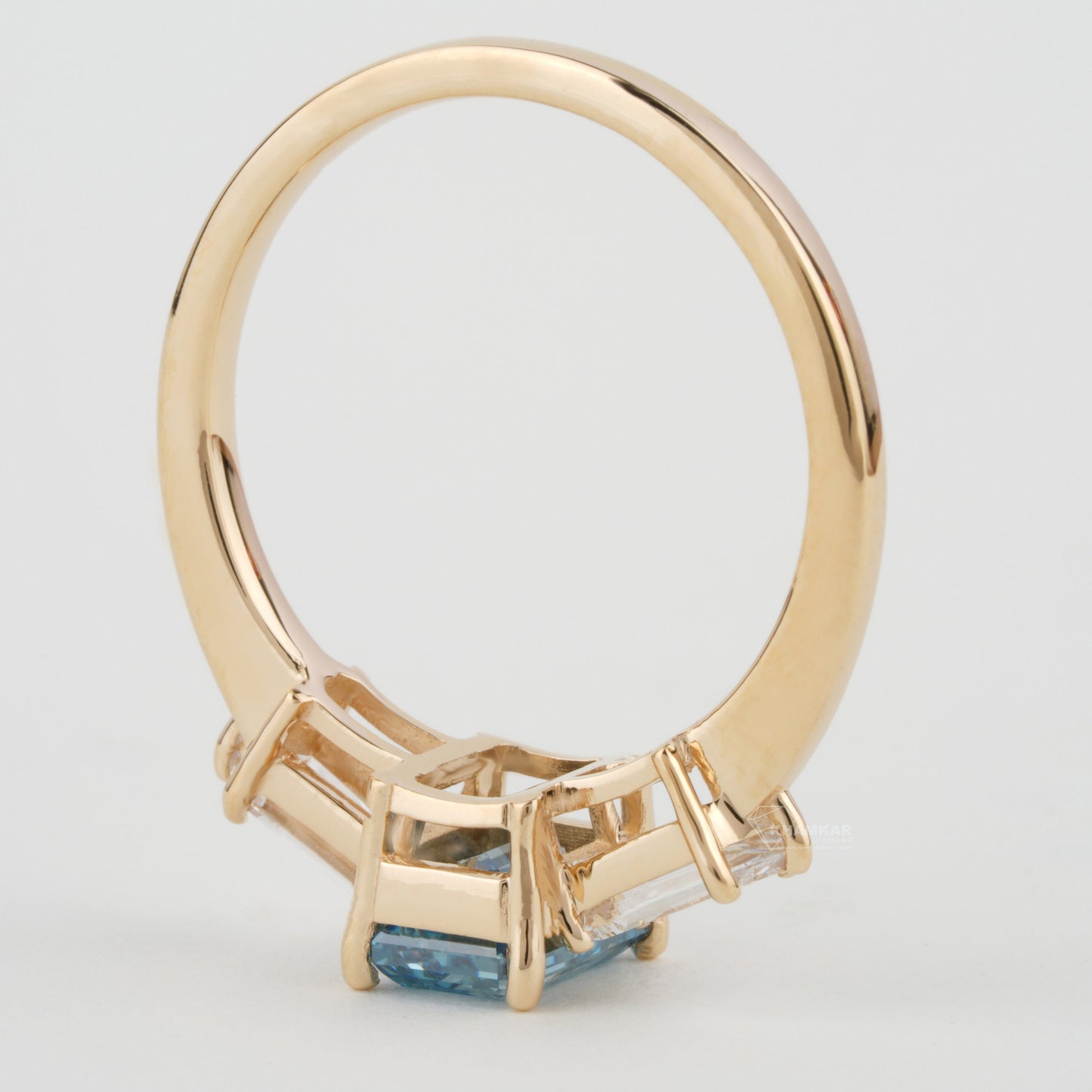 Blue Emerald Cut Lab Diamond Three Stone Engagement Ring