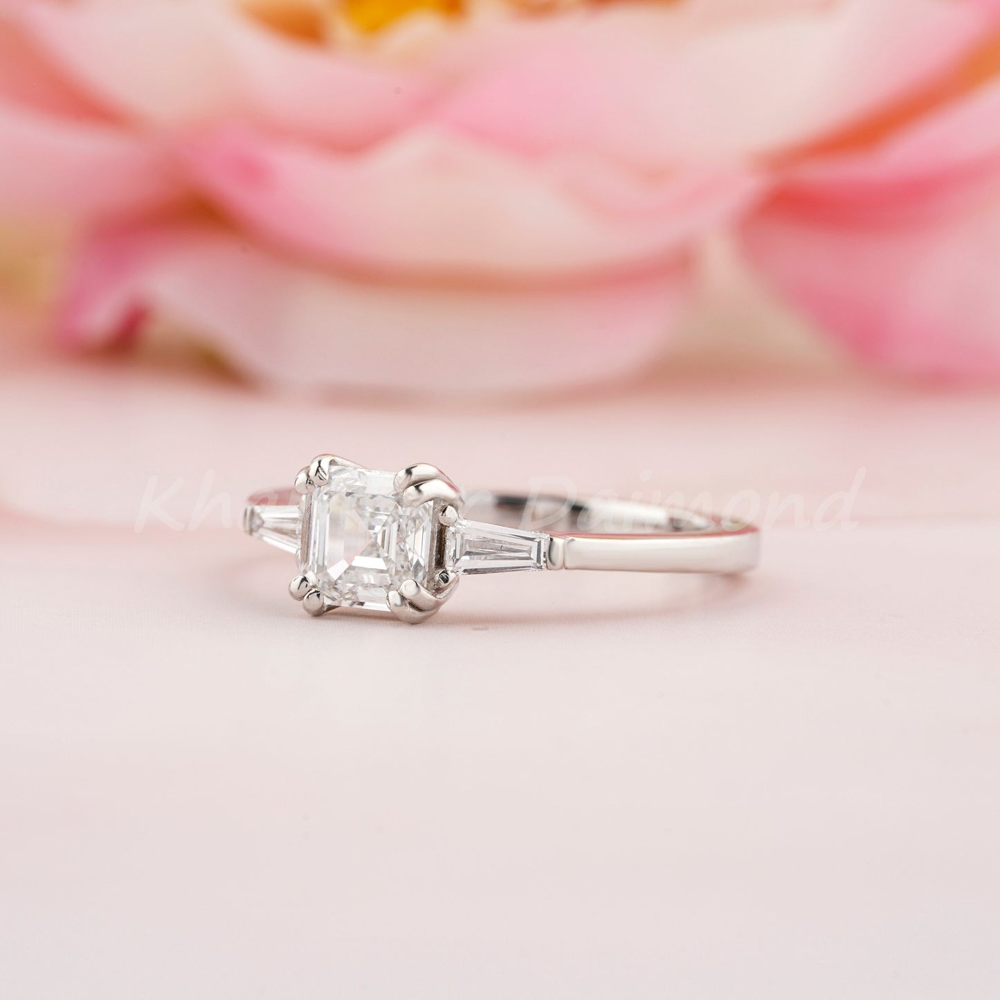 1CT Asscher Cut Lab Diamond Ring | Three Stone Wedding Ring