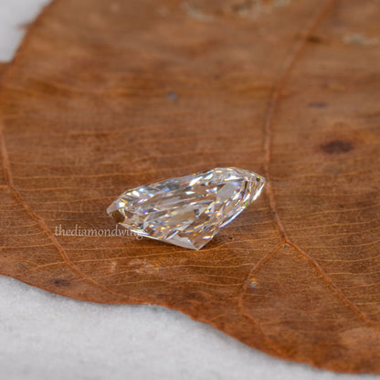 Loose cushion-cut diamond, clear faceted gemstone showing pavilion and side profile on leaf surface with partial watermark visible
