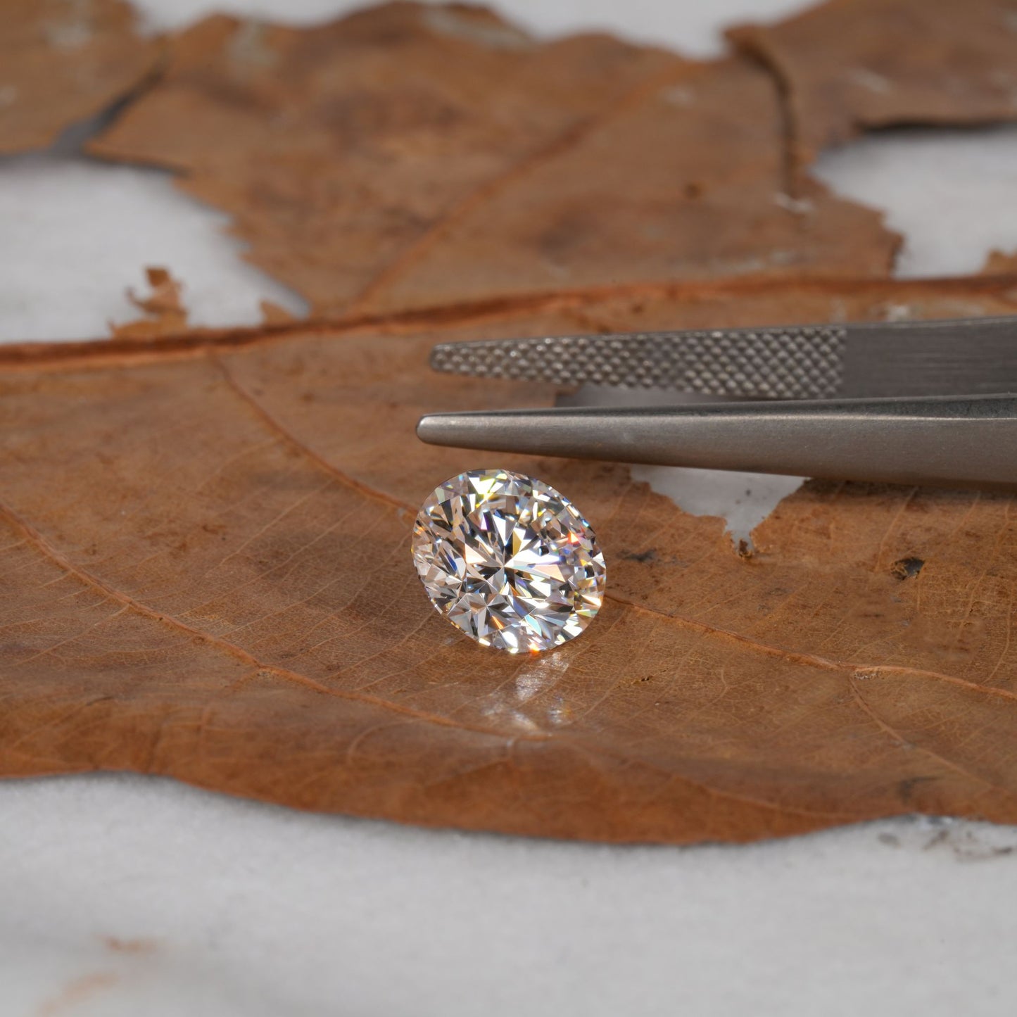Loose oval-cut diamond, clear faceted gemstone on a leaf surface beside tweezers, top view with brilliant cut pattern visible
