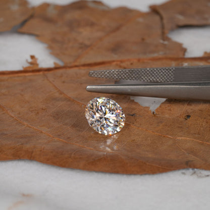 Loose oval-cut diamond, clear faceted gemstone on a leaf surface beside tweezers, top view with brilliant cut pattern visible

