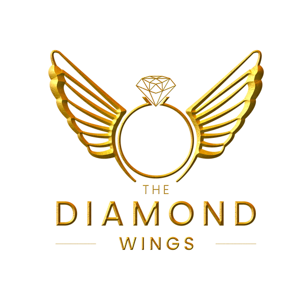 Gold ring with wings and 'The Diamond Wings' text on a white background