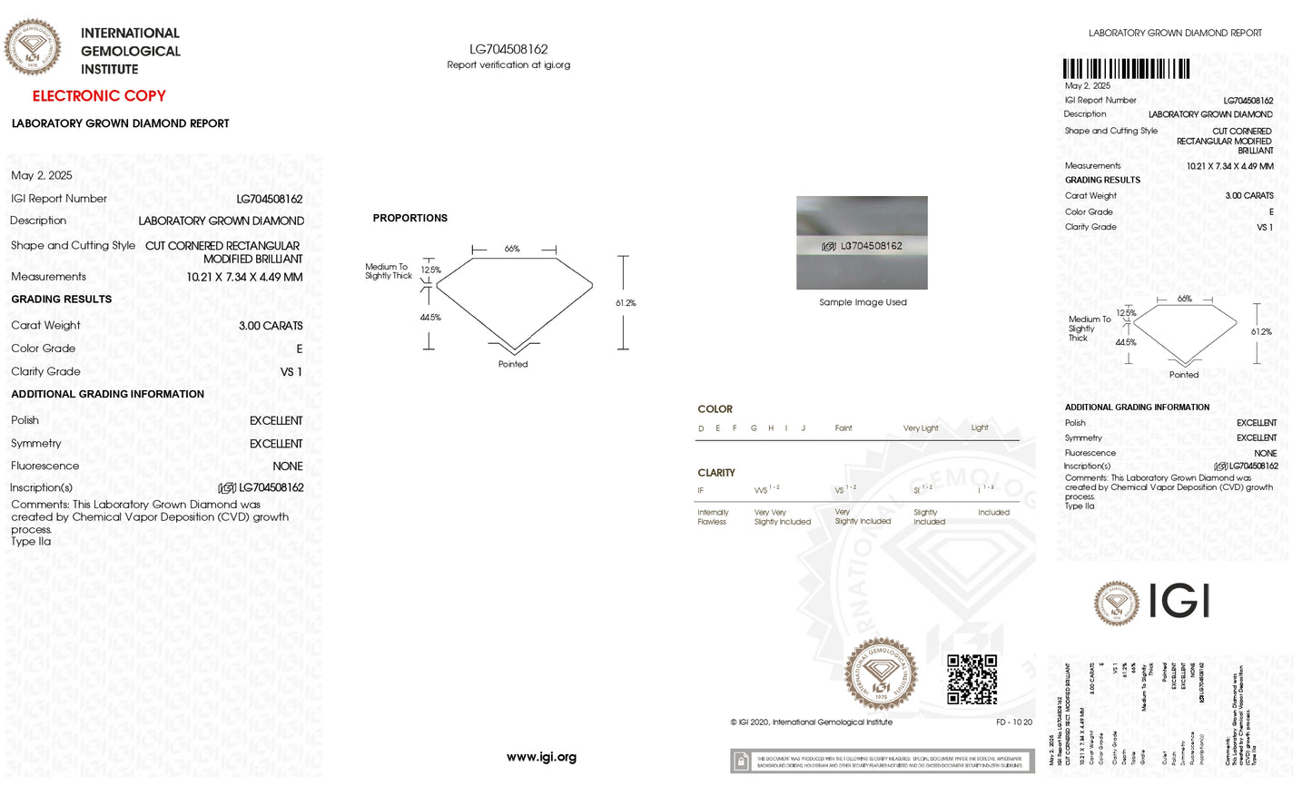 3.00CT Radiant Cut Lab Grown Diamond, E VS IGI Certified CVD Diamond