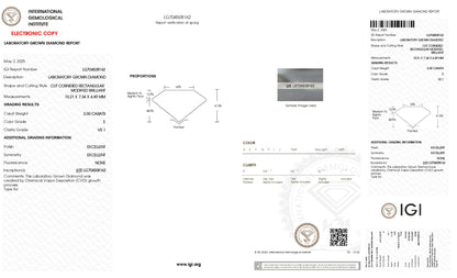 3.00CT Radiant Cut Lab Grown Diamond, E VS IGI Certified CVD Diamond
