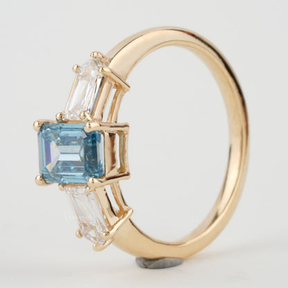 Blue Emerald Cut Lab Diamond Three Stone Engagement Ring