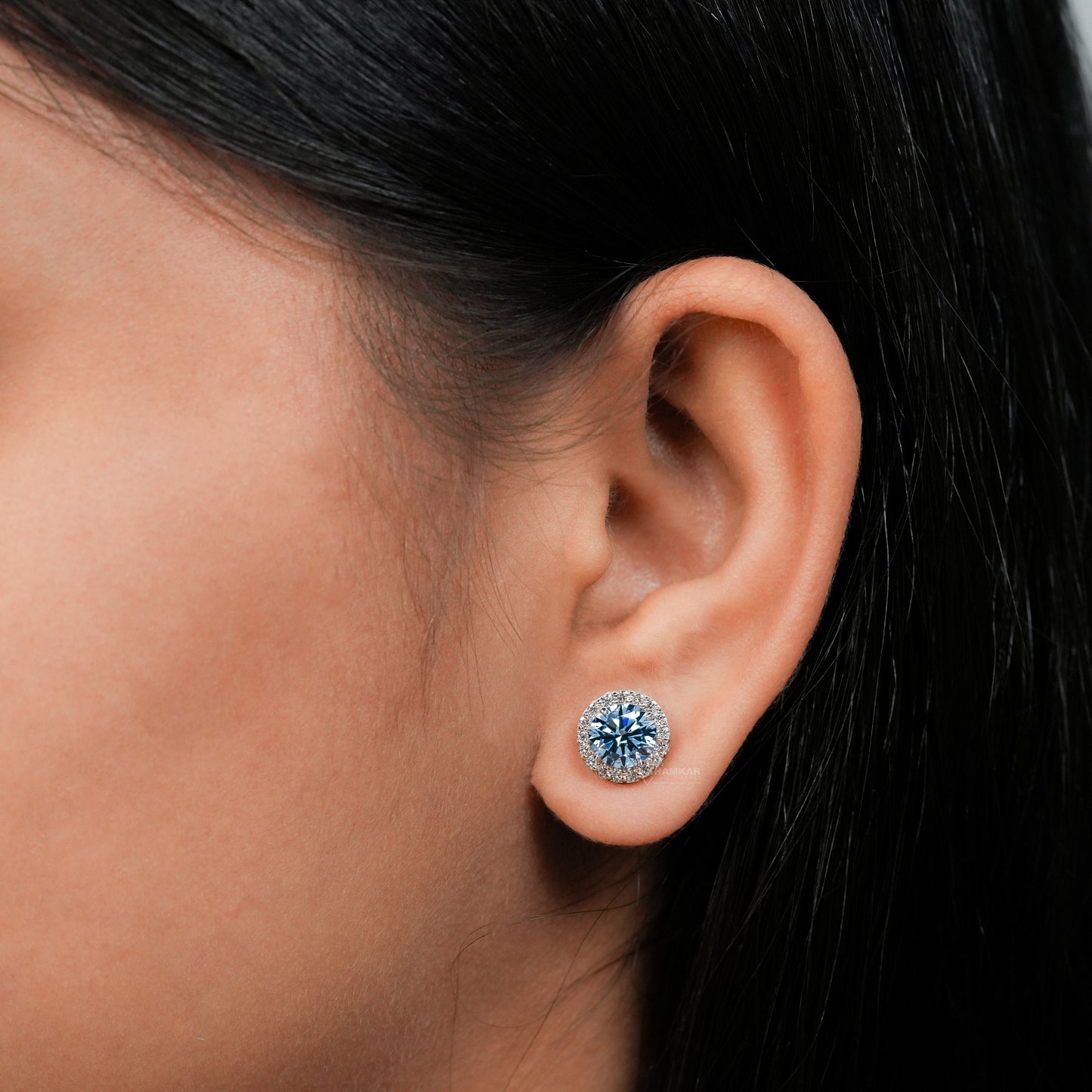 Round Lab Grown Diamond Cluster Earrings,0.50Ct To 1.00Ct Blue Colored Round Diamond Halo Stud Earrings,14K White Gold Wedding Studs For Her