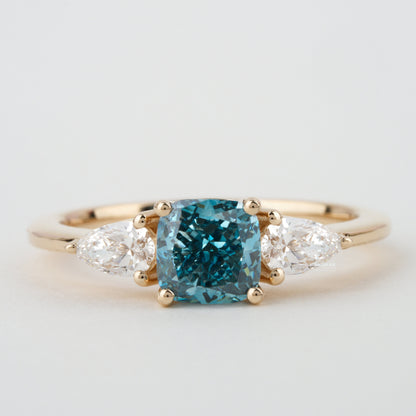 1.40 TCW Cushion Shaped Blue Diamond Engagement Ring,Side Pear Diamonds,Trilogy Ring For Her,Personalized Jewelry