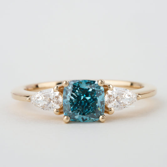 1.40 TCW Cushion Shaped Blue Diamond Engagement Ring,Side Pear Diamonds,Trilogy Ring For Her,Personalized Jewelry