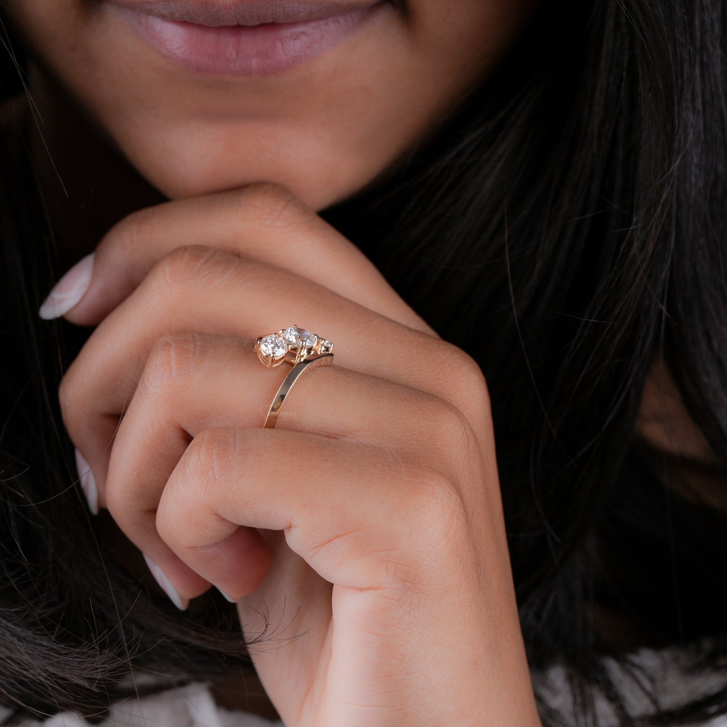 Round Lab Diamond Bypass Ring, 3 Stone Engagement Ring for Her