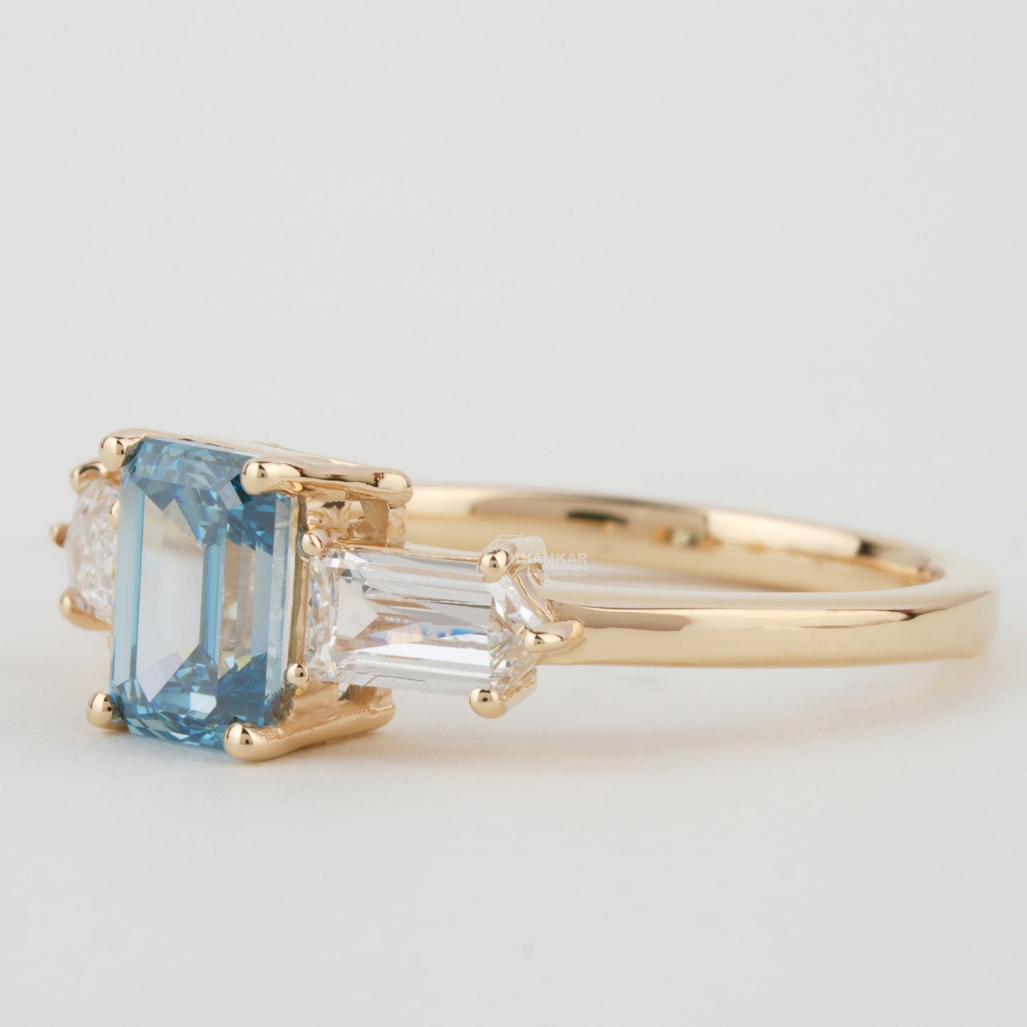 Blue Emerald Cut Lab Diamond Three Stone Engagement Ring