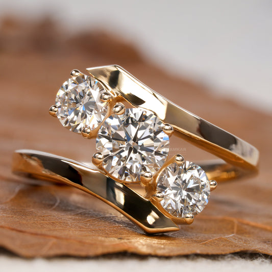 Round Lab Diamond Bypass Ring, 3 Stone Engagement Ring for Her