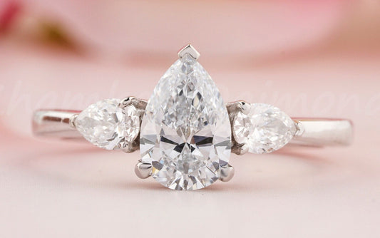 Lab Grown Pear Diamond Three Stone Engagement Ring Promise Ring for Her