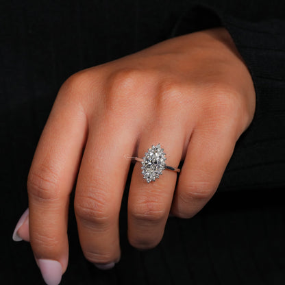 Marquise Lab Diamond Ring Cluster Halo Cathedral Setting