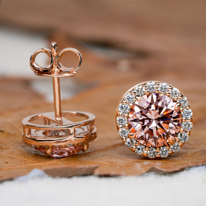 Pink Round Cut Lab Grown Diamond Stud Earrings,14K Rose Gold Hand Made Diamond Women's Earrings,2.00Ct Round Cut Diamond Halo Studs For Her