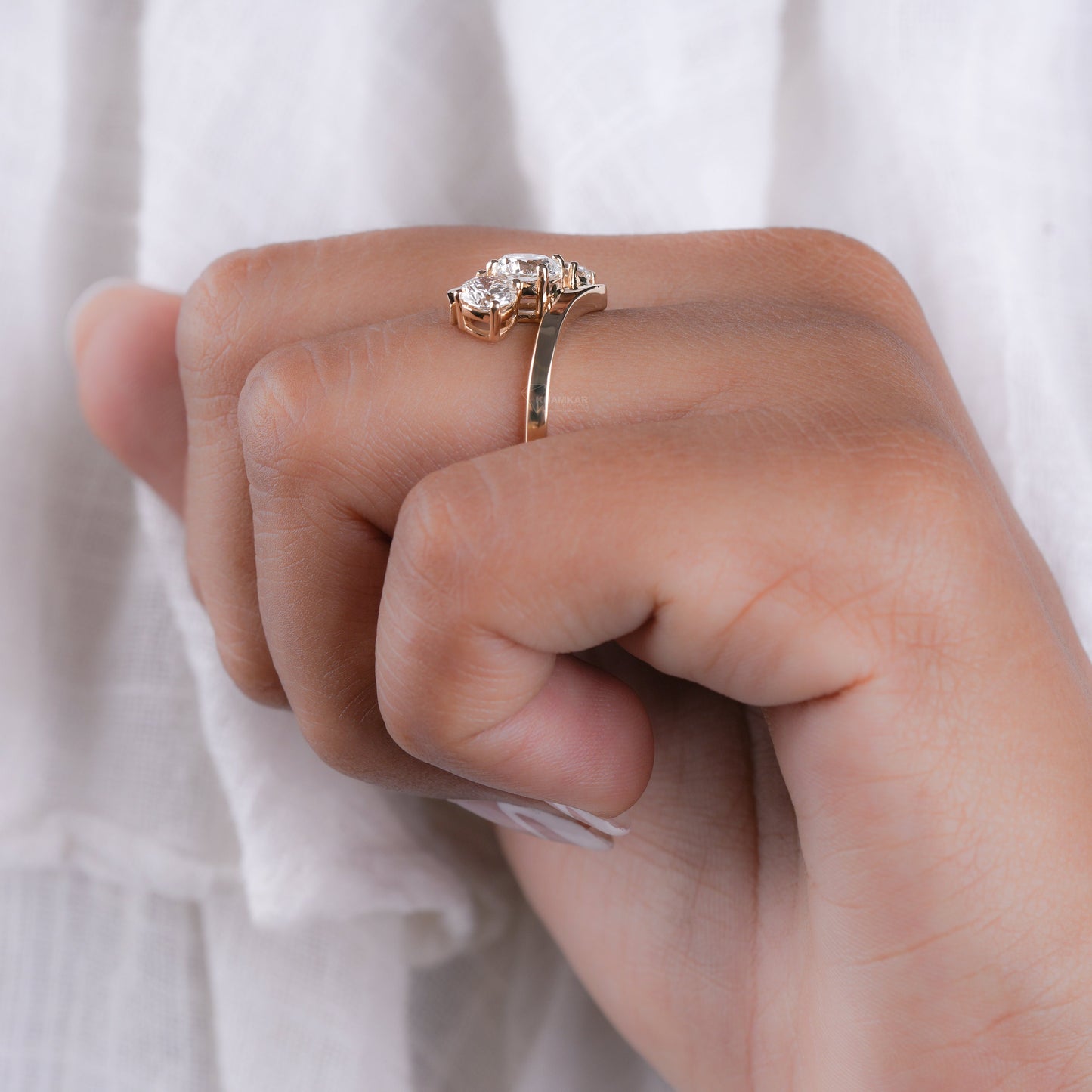 Round Lab Diamond Bypass Ring, 3 Stone Engagement Ring for Her