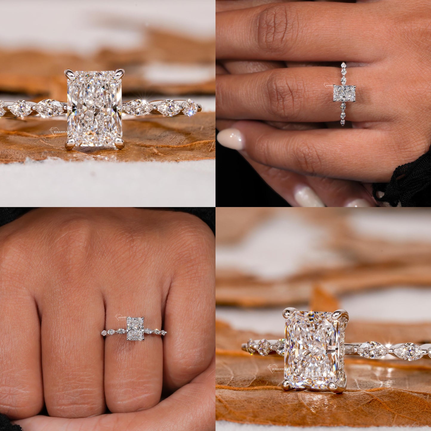 1CT Radiant Cut Lab Grown Diamond Engagement Ring with Hidden Halo