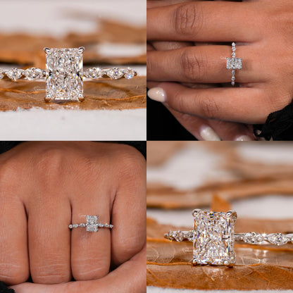 1CT Radiant Cut Lab Grown Diamond Engagement Ring with Hidden Halo