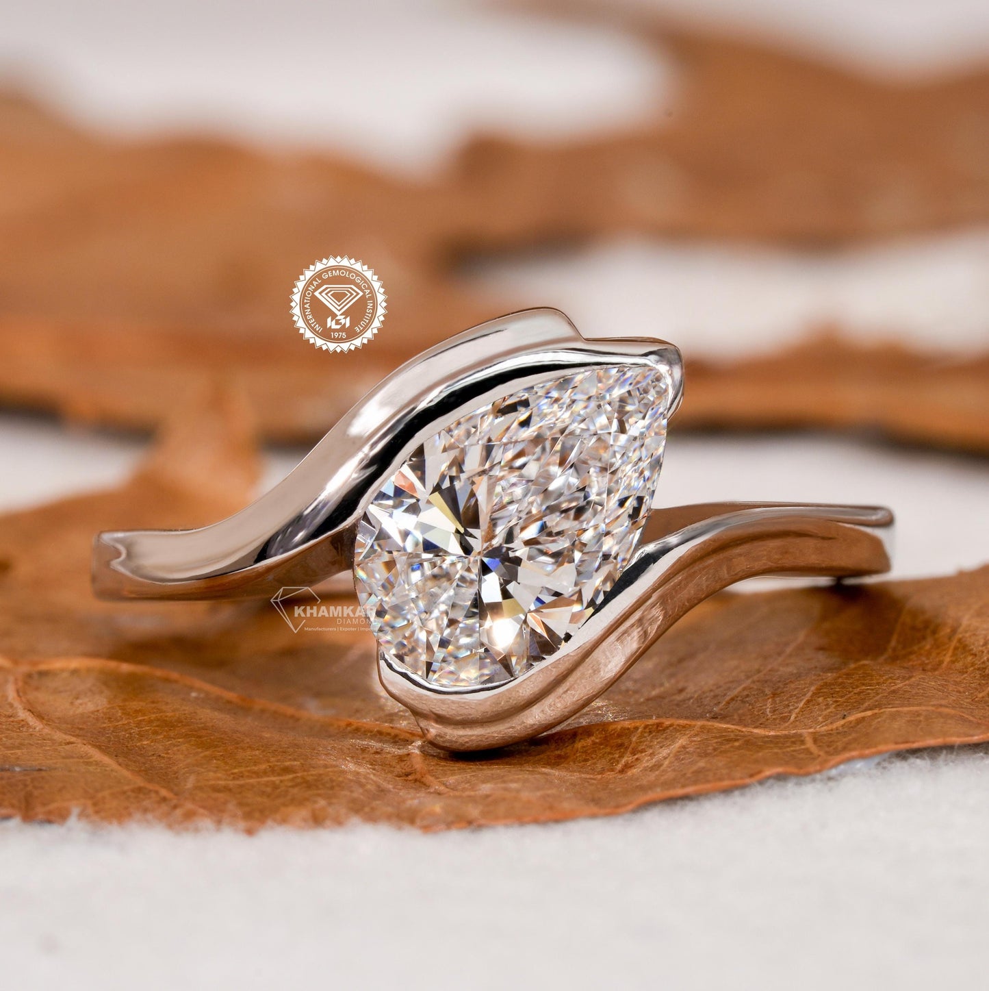 IGI Certified Pear Cut Lab Grown Diamond Half Bezel Engagement Ring