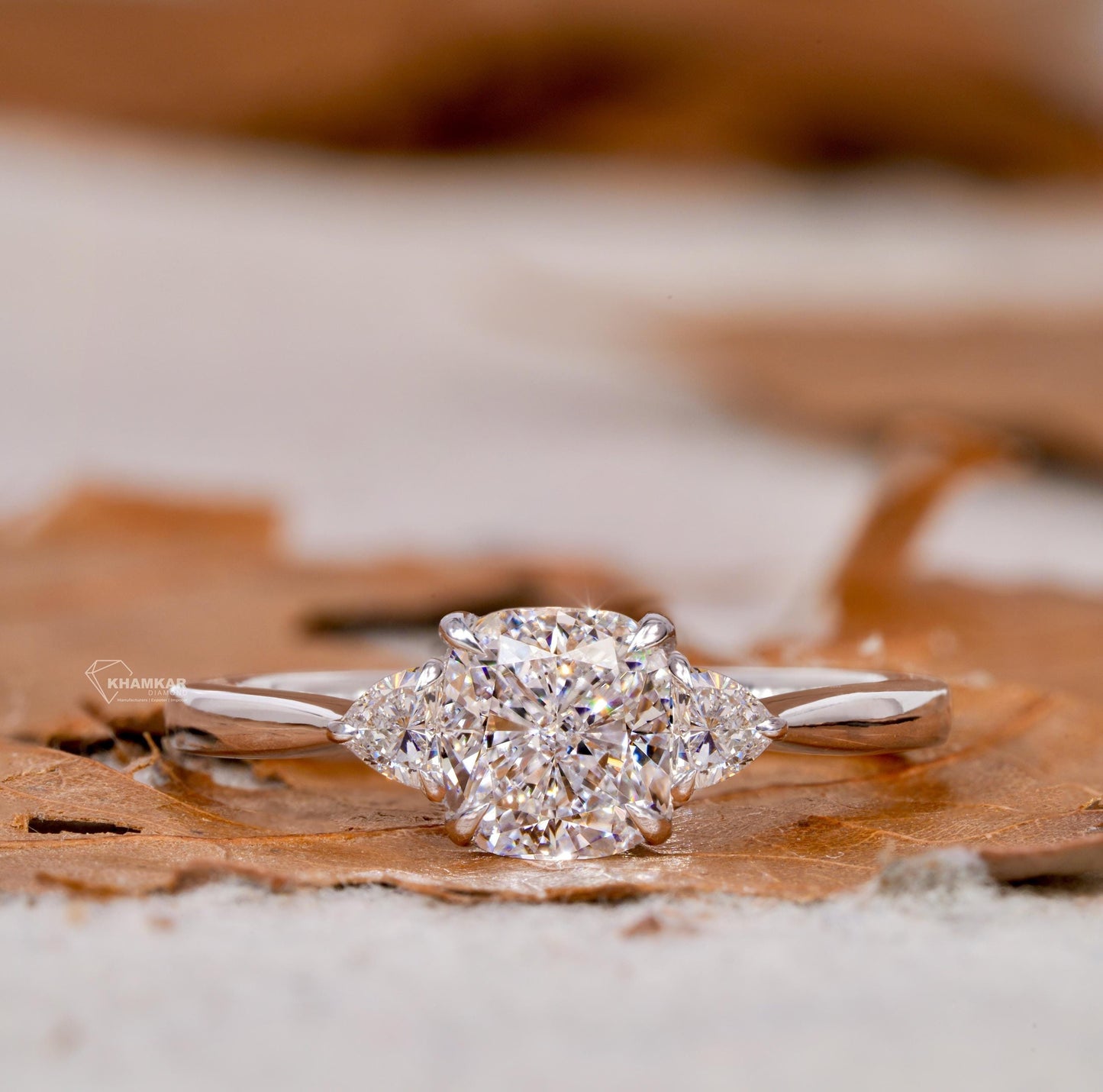 Cushion Cut Lab  Diamond Three Stone Engagement Ring with Trillion Side Diamonds