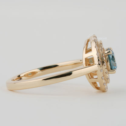Blue Round Lab Grown Diamond Ring | Double Halo Engagement Ring