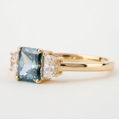 1.40 TCW  Saquare Radiant Cut Blue Diamond Engagement Ring,Lab Diamond Wedding Ring,Side Half Moon Diamonds,Three Stone Ring,Gift For Wife