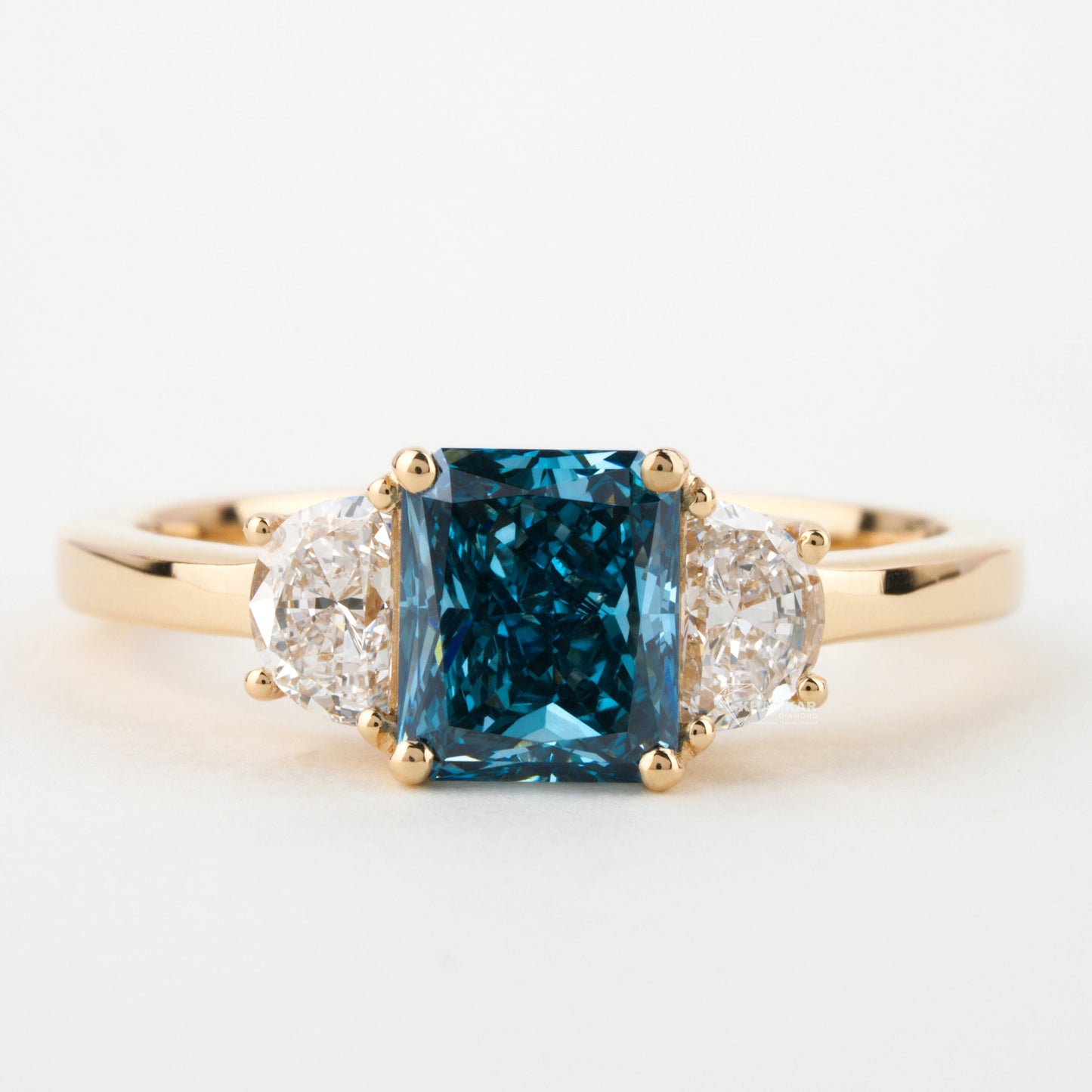 1.40 TCW  Saquare Radiant Cut Blue Diamond Engagement Ring,Lab Diamond Wedding Ring,Side Half Moon Diamonds,Three Stone Ring,Gift For Wife