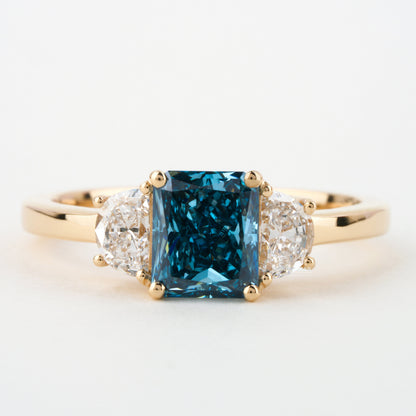 1.40 TCW  Saquare Radiant Cut Blue Diamond Engagement Ring,Lab Diamond Wedding Ring,Side Half Moon Diamonds,Three Stone Ring,Gift For Wife