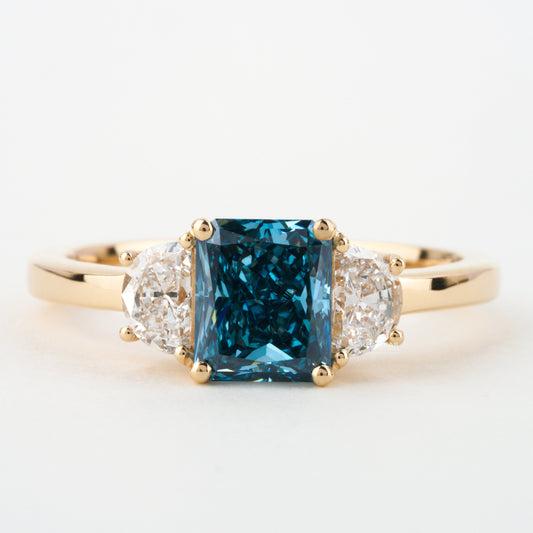 1.40 TCW  Saquare Radiant Cut Blue Diamond Engagement Ring,Lab Diamond Wedding Ring,Side Half Moon Diamonds,Three Stone Ring,Gift For Wife