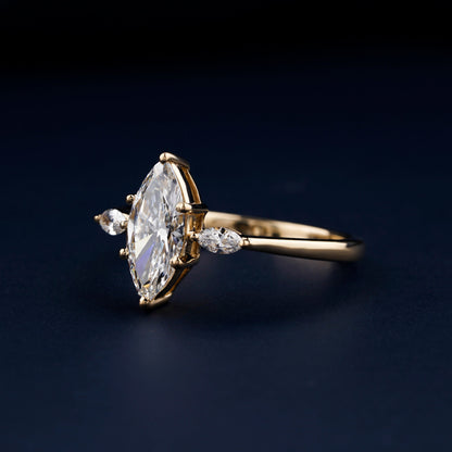 Marquise Cut Lab Grown Diamond Three Stone Engagement Ring in 14K Gold
