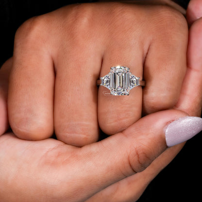 Emerald Cut Lab Diamond Three Stone Ring with Trapezoid Sides