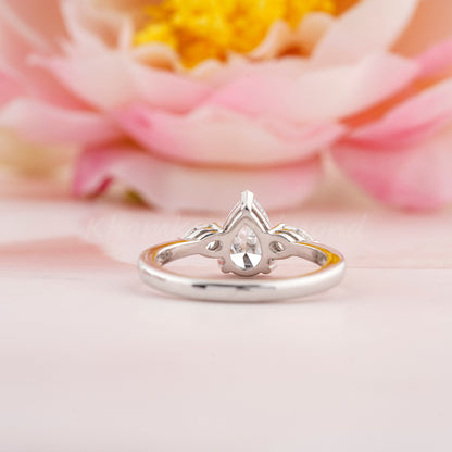 Lab Grown Pear Diamond Three Stone Engagement Ring Promise Ring for Her