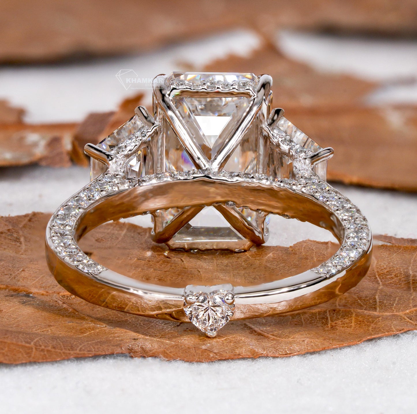 Emerald Cut Lab Diamond Three Stone Ring with Trapezoid Sides